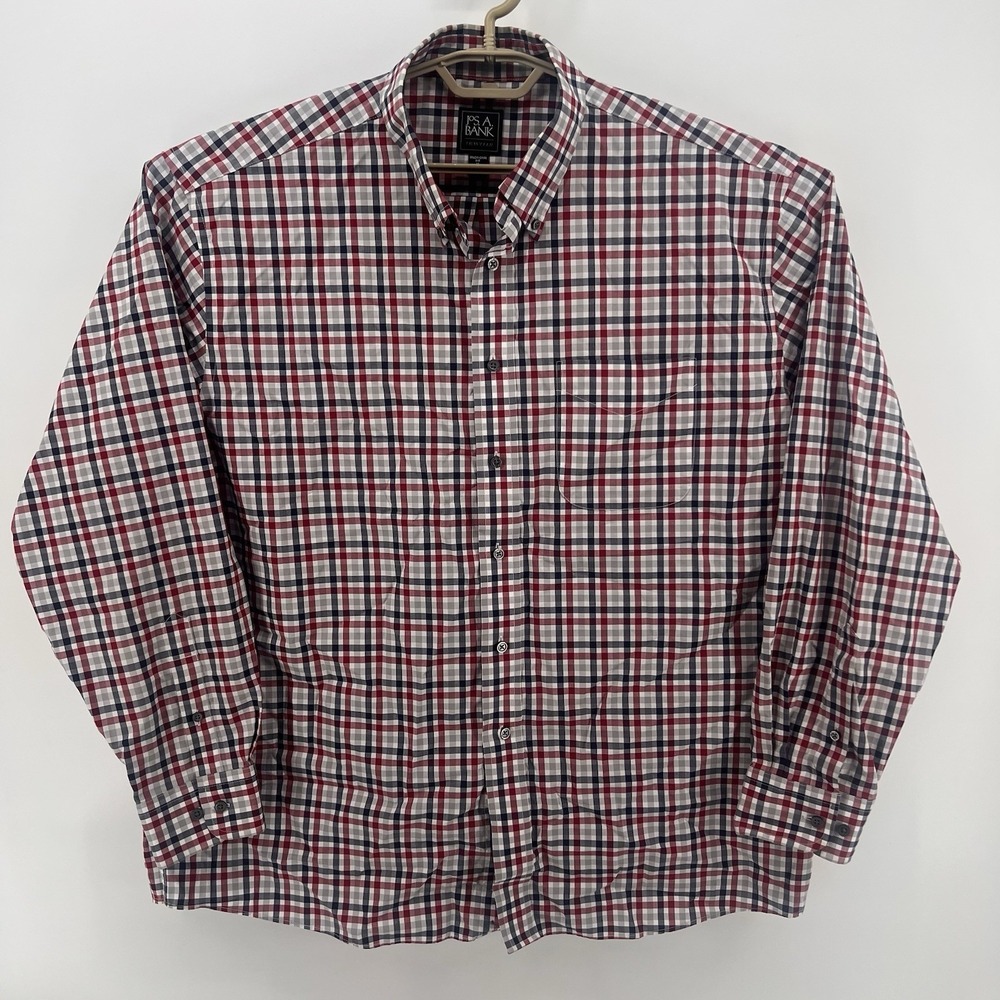 Jos A Bank Shirt Mens XL Red Blue Plaid Button Long Sleeve Traveler Traditional